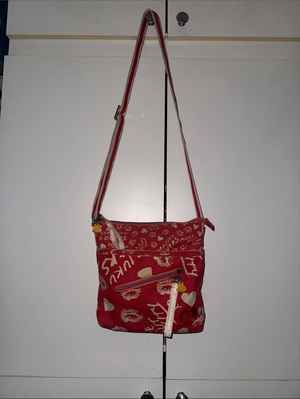Vintage Y2K Harajuku Lovers Red Canvas Heart-Print Crossbody Bag